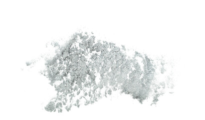 Silver metallic glitter sparkle explosion in air. Silver Glitter sand spark blink celebrate Chinese new year, fly throw silver glitters particle. White background isolated, selective focus Blur bokeh