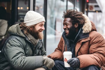 Two friends laughing heartily over a plastic cup of coffee in a windy urban setting, 