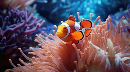 Naklejka na ściany i meble surprising clownfish hidden inside the tentacles of an anemone generative ai