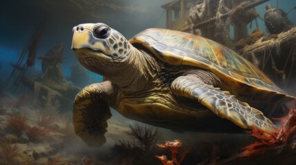 wise old sea turtle gliding between ancient shipwrecks generative ai