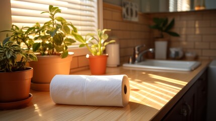 A paper towel roll on a counter in the sunlight. 
