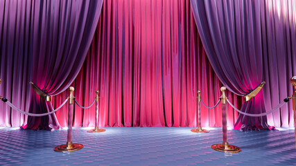 3D render of Awards show background, with with red curtains and golden barriers
