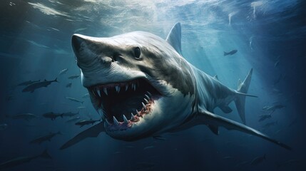 Realistic illustration of a hammerhead shark patrolling the depths of the ocean generative ai - obrazy, fototapety, plakaty