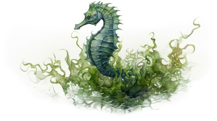 Realistic illustration of a regal seahorse clinging to a piece of floating seaweed generative ai - obrazy, fototapety, plakaty