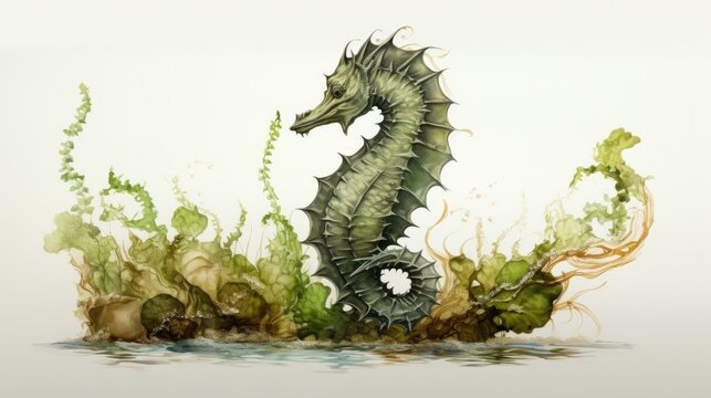 green seahorse watercolor painting, aquatic scene clip art preview