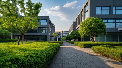 a modern glass campus buildings with a lot of green plants trees and bushes for the futuristic business architecture environment. ecology co2 footprint reduction. web design banner background