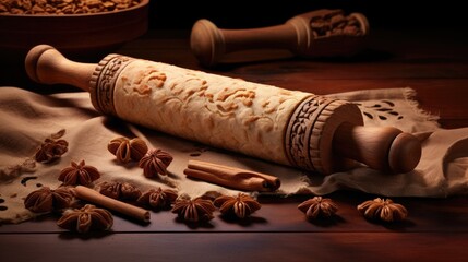 Fototapeta premium A chef's rolling pin, showing the smooth wood craftsmanship. generative ai