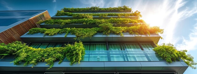 a modern glass building with a lot of green plants trees and bushes for the futuristic business...