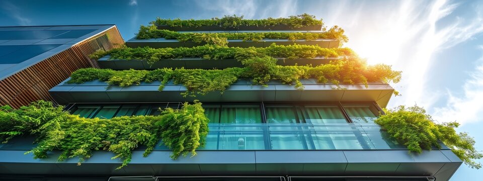 a modern glass building with a lot of green plants trees and bushes for the futuristic business architecture environment. ecology co2 footprint reduction. web design banner wide 8:3 panorama