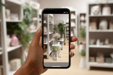 Fototapeta na wymiar Modern shopping integrates digital tools, captured as a hand holds a smartphone presenting a store's interior.