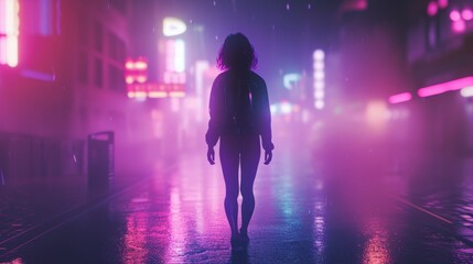 a young woman person walks in alley a synthwave sci-fi cyberpunk futuristic city with skyscrapers buildings in neon pink and purple colors. wallpaper background 16:9