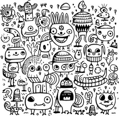 Funny big coloring poster in doodle style, Big coloring page with monster