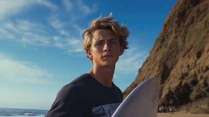 young surfer from his first attempts with a longboard to riding challenging waves. generative ai