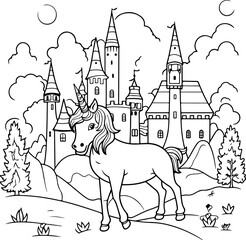Coloring pages with fairytale castle and magic unicorn