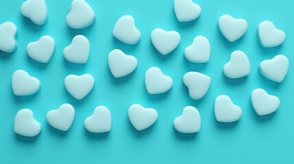 Array of white hearts on blue background symbolizing love and Valentine's Day.