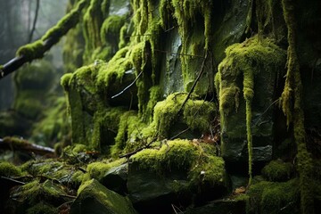 Mossy bark in enchanted woods. Generative AI