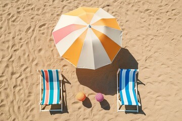 Overhead view of beach umbrella, chairs, and beach supplies on sandy background, representing the concept of summer vacation. Generative AI