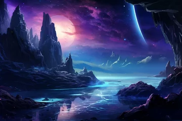 Foto op Canvas Night scene with futuristic fantasy landscape, sea, rocks, and neon cosmic portals. Generative AI © Elaria