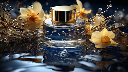 A blank perfume bottle mock up with water splash.  - obrazy, fototapety, plakaty