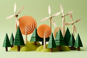 Renewable Energy. Paper Art of Green Wind Turbines and Carbon Neutrality by 2050 - obrazy, fototapety, plakaty