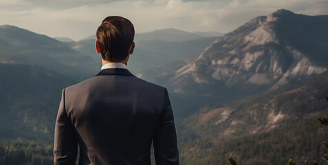A vision of success: a businessman in a suit stands atop a mountain, contemplating the horizon, concept of goal attainment. - obrazy, fototapety, plakaty