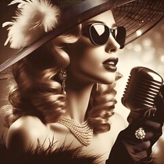 Elegant vintage retro lady portrait singing into a old microphone, sepia tone image with blurred...