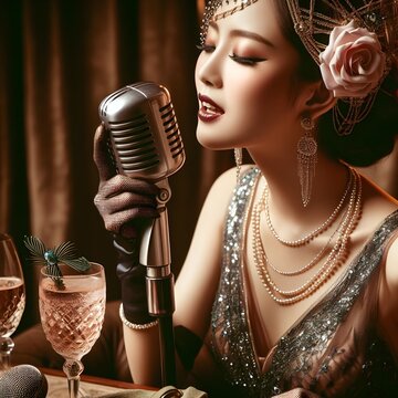 Elegant vintage retro lady portrait singing into a old microphone, sepia tone image with blurred background, old song concept