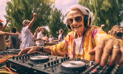 An energetic smiling grandmother spins records, demonstrating the universal language of music., a...