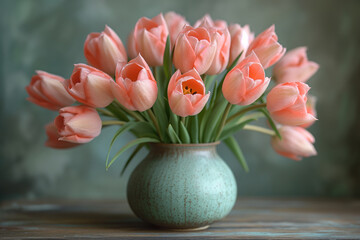 Elegant Peach Tulips in a Speckled Ceramic Vase
