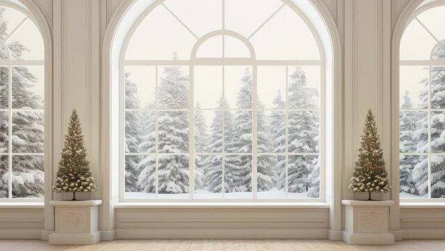 Classical empty room decorate with christmas tree 3d render,The room has wooden floors and white wooden ceilings decorated with pine trees and gift boxes.The arched windows look out to the snow