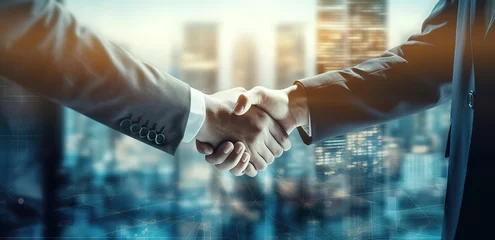Tuinposter Illustration of a businessman shaking hands with a blurred background. generative AI © original logo