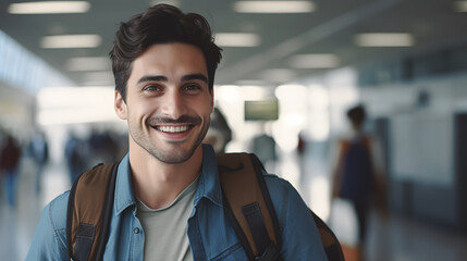 young man with a big smile about to board a plane at the airport