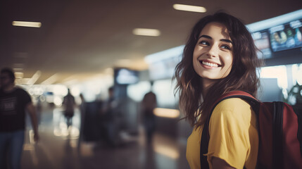 a young woman with a big smile about to board a plane at the airport.