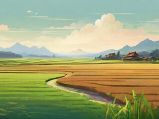 rice field background, design for posters, banners, flyers. ai generative design. nature theme illustration