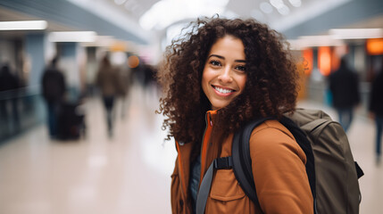 At the airport, a young woman wears a beaming smile as she gets ready to board her flight with enthusiasm. - Powered by Adobe