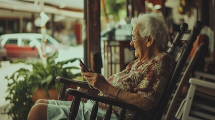 A happy senior woman using her smart phone to chat with family or friends.  - obrazy, fototapety, plakaty