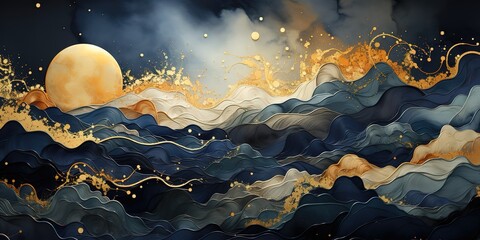 Wavy abstract background in black and gold with moon decoration on it. generative AI