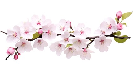 Naklejka premium Spring sakura cherry blooming flowers bouquet. Isolated realistic pink petals, blossom, branches, leaves vector set. Design spring tree illustration, generative ai