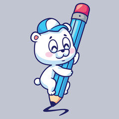 Cartoon cute polar bear holding a big pencil