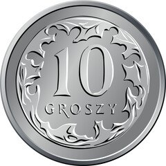 vector Polish Money ten groszy silver coin reverse with Value and 10 encircling leaves - obrazy, fototapety, plakaty