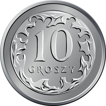 vector Polish Money ten groszy silver coin reverse with Value and 10 encircling leaves