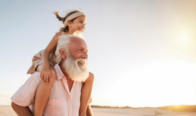  grandfather carries his granddaughter, both radiating happiness. The beauty of familial love at sunset concept.