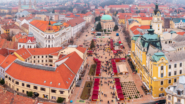 Panoramic aerial skyline view about the christmas market at downtown of Pecs.