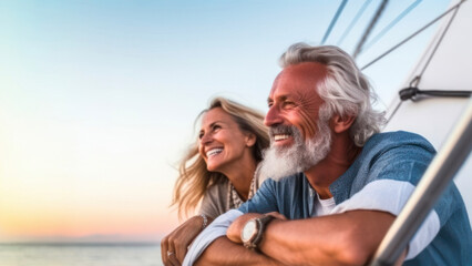 A cheerful Caucasian senior couple sailing on a boat, enjoying a relaxing summer vacation on the sea? copy space 