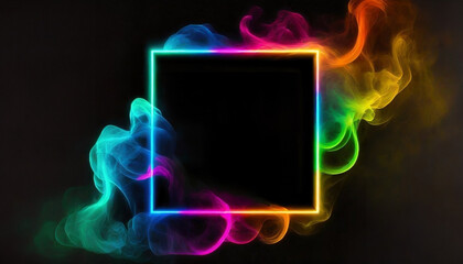 The smoke floating around glowing rainbow neon square frame in black space
