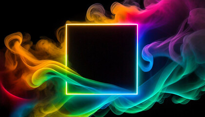 The smoke floating around glowing rainbow neon square frame in black space