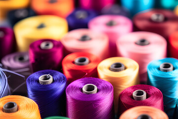 Close-up shot of sewing room coils. Fashion and textile industrial banner with colorful multi-color background generative ai