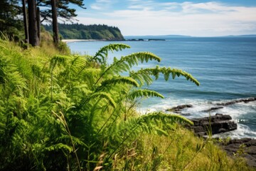 Ferns in a coastal habitat with ocean in the background.