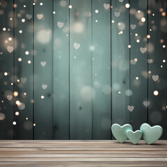 Wooden background with green hearts, green backdrop, lights, and bokeh, Valentine's day, love illustration with space for text