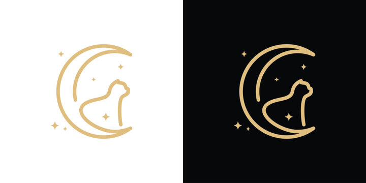Fototapeta minimalist line logo design, moon cat logo design template.